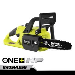 RYOBI 18 V One+ PS bürstenlose 10-Kettensäge mit 4-Ah-Akku und Ladegerät draussen 6V8HV6363