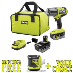 RYOBI 18V One+ HP bürstenloser 4-Modus-1/2-Schlagschraubersatz mit hohem Drehmoment und kostenlosem 18V One+ Exzenterschleifer und kostenlosem Werkzeug Ihrer Wahl Elektrowerkzeuge 6V8HV65