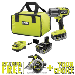 RYOBI 18V One+ HP bürstenloser 4-Modus-1/2-Schlagschraubersatz mit hohem Drehmoment und kostenloser 18V One+ HP kompakter bürstenloser 6-1/2-Kreissäge und frei wählbarem Werkzeug Ihrer Wahl Elektrower